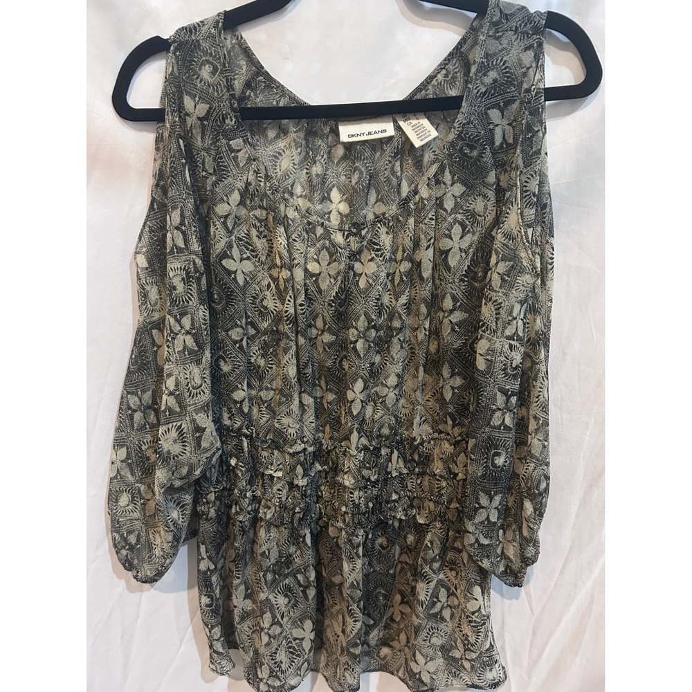 DKNY JEANS Cold Shoulder Blouse Black White Floral Print Gathered Waist Size L